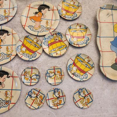 Metal Tin Toy Lot Plates Cups Kitchenware Kool-Aid Ohio Art Elaine Ends Hileman Ducky Bath Time