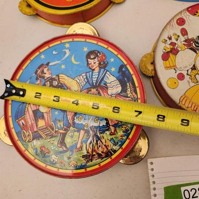 Lot Vintage Tin Litho Tambourines and Drum Kirchof Life of the party Black Cat Ohio Art