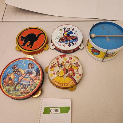 Lot Vintage Tin Litho Tambourines and Drum Kirchof Life of the party Black Cat Ohio Art