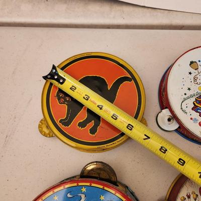 Lot Vintage Tin Litho Tambourines and Drum Kirchof Life of the party Black Cat Ohio Art