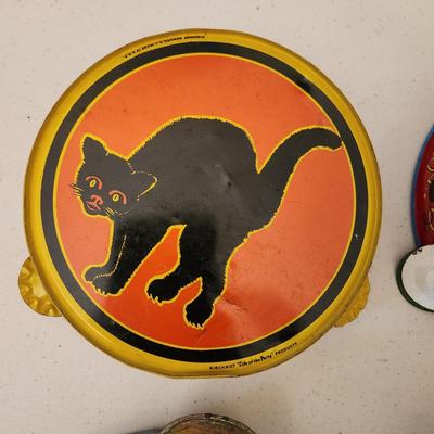 Lot Vintage Tin Litho Tambourines and Drum Kirchof Life of the party Black Cat Ohio Art