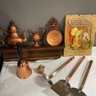 Vintage Hollie Hobby, copper utensils, bell bank and towel rack