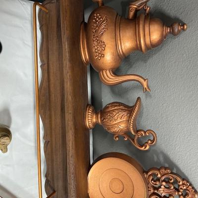 Vintage Hollie Hobby, copper utensils, bell bank and towel rack