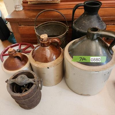 Lot of 7 Primitives Stoneware Crocks Jugs Metal Dairy Can Brass Bucket