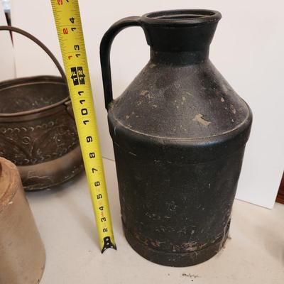 Lot of 7 Primitives Stoneware Crocks Jugs Metal Dairy Can Brass Bucket
