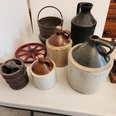 Lot of 7 Primitives Stoneware Crocks Jugs Metal Dairy Can Brass Bucket