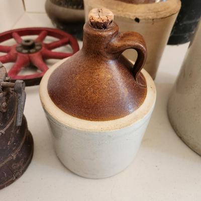 Lot of 7 Primitives Stoneware Crocks Jugs Metal Dairy Can Brass Bucket
