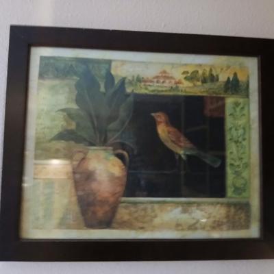 Tangle town fine art Flowers on the boulevard III, leaf wall art, flowered plate and framed bird wall art