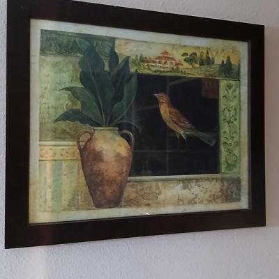 Tangle town fine art Flowers on the boulevard III, leaf wall art, flowered plate and framed bird wall art