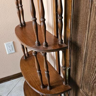 Fruit wood side chair with floral upholstered seat, and a four-tier wood shelf