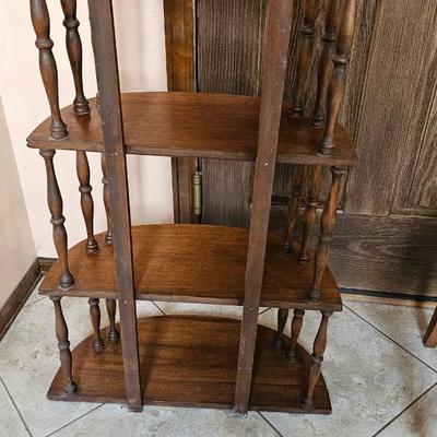 Fruit wood side chair with floral upholstered seat, and a four-tier wood shelf