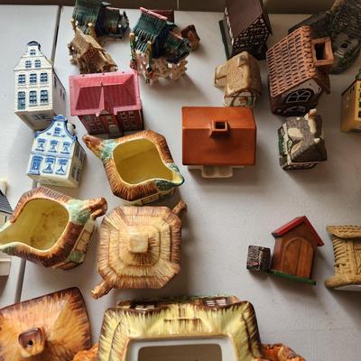 Large Table lot of Collectibles Small Buildings, Clock, Wall hooks, Occupied Japan items, KLM Dutch Airlines Houses