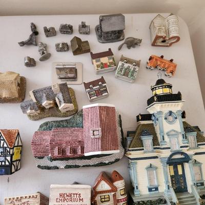 Large Table lot of Collectibles Small Buildings, Clock, Wall hooks, Occupied Japan items, KLM Dutch Airlines Houses