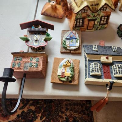 Large Table lot of Collectibles Small Buildings, Clock, Wall hooks, Occupied Japan items, KLM Dutch Airlines Houses
