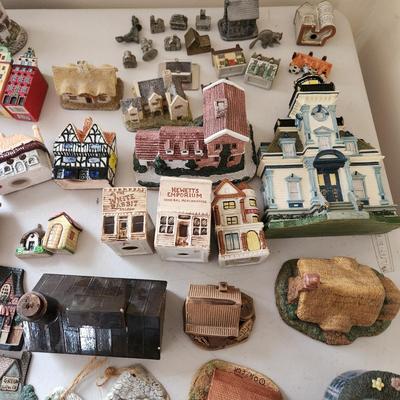 Large Table lot of Collectibles Small Buildings, Clock, Wall hooks, Occupied Japan items, KLM Dutch Airlines Houses
