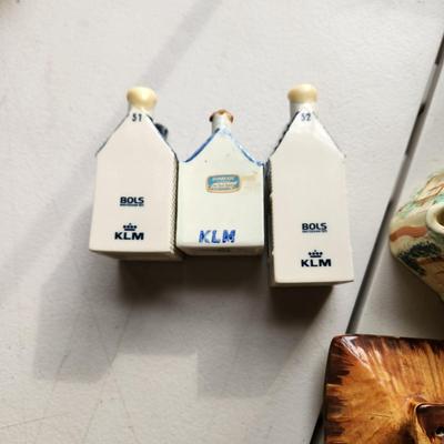 Large Table lot of Collectibles Small Buildings, Clock, Wall hooks, Occupied Japan items, KLM Dutch Airlines Houses