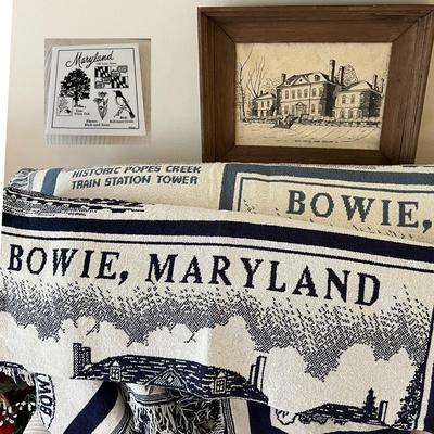 4 Piece Maryland Lot - 2 Bowie Throw Blankets, Framed Print, Wall Tile