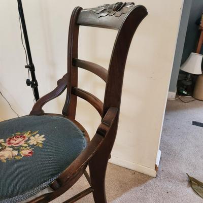 Vintage Wood Chair w Embroidered Seat