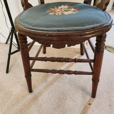 Vintage Wood Chair w Embroidered Seat