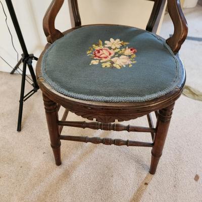 Vintage Wood Chair w Embroidered Seat