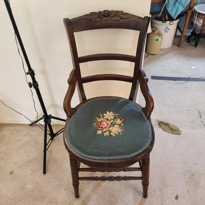 Vintage Wood Chair w Embroidered Seat