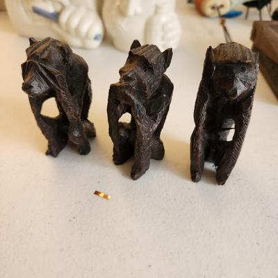 Collectible Lot Cast Iron Cracker Jack Sailor Door Stop Fitz & Floyd Faces, African Wise Monkeys, and other trinkets
