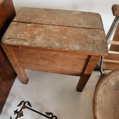 Collectible Lot Primitives , Wood Dough Bowl , Wash Board, Stool, Wood Drawers, Wood Duck Art, Paper Cutter