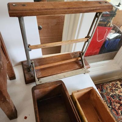 Collectible Lot Primitives , Wood Dough Bowl , Wash Board, Stool, Wood Drawers, Wood Duck Art, Paper Cutter