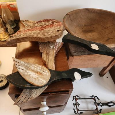 Collectible Lot Primitives , Wood Dough Bowl , Wash Board, Stool, Wood Drawers, Wood Duck Art, Paper Cutter