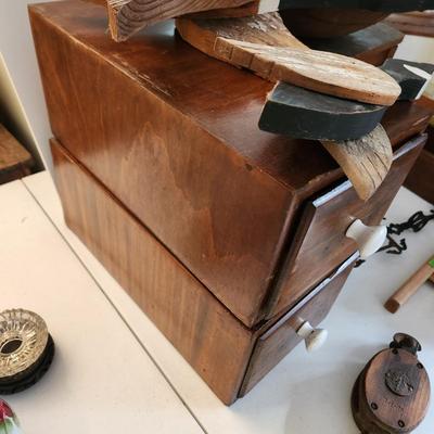 Collectible Lot Primitives , Wood Dough Bowl , Wash Board, Stool, Wood Drawers, Wood Duck Art, Paper Cutter
