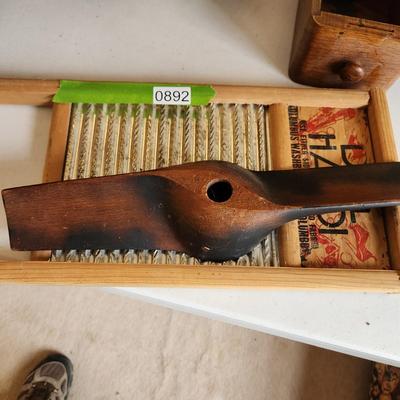 Collectible Lot Primitives , Wood Dough Bowl , Wash Board, Stool, Wood Drawers, Wood Duck Art, Paper Cutter