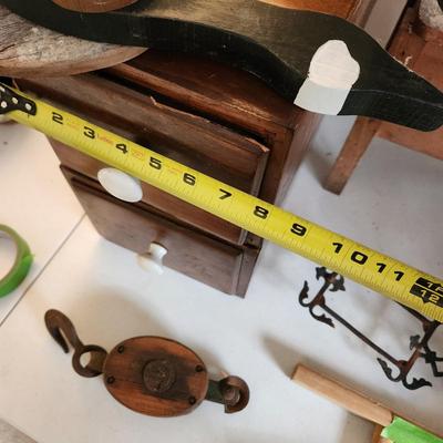 Collectible Lot Primitives , Wood Dough Bowl , Wash Board, Stool, Wood Drawers, Wood Duck Art, Paper Cutter