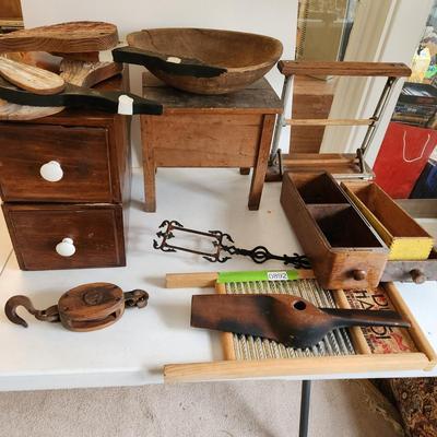 Collectible Lot Primitives , Wood Dough Bowl , Wash Board, Stool, Wood Drawers, Wood Duck Art, Paper Cutter