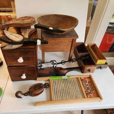 Collectible Lot Primitives , Wood Dough Bowl , Wash Board, Stool, Wood Drawers, Wood Duck Art, Paper Cutter