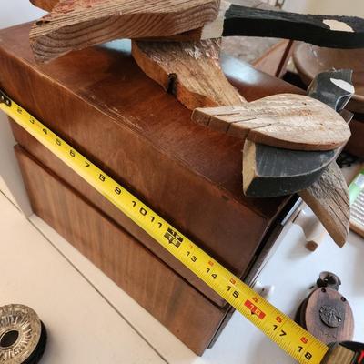 Collectible Lot Primitives , Wood Dough Bowl , Wash Board, Stool, Wood Drawers, Wood Duck Art, Paper Cutter