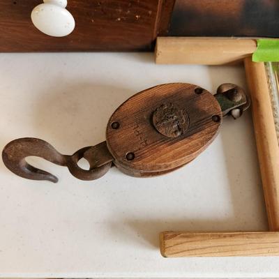 Collectible Lot Primitives , Wood Dough Bowl , Wash Board, Stool, Wood Drawers, Wood Duck Art, Paper Cutter