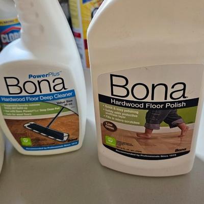 Cleaning supplies and trash can