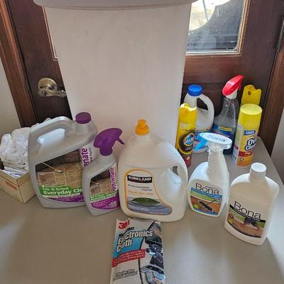 Cleaning supplies and trash can