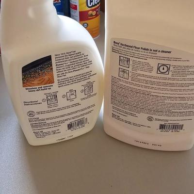 Cleaning supplies and trash can