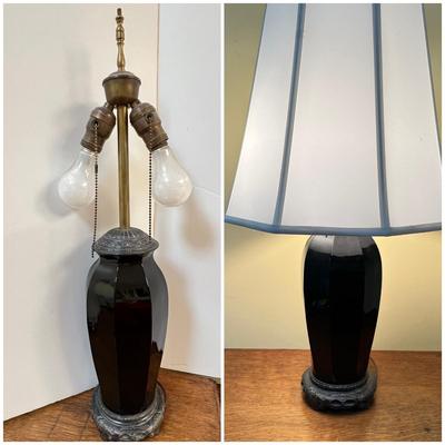Antique Black Glass Brass Hardware Table Lamp