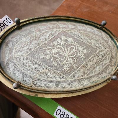 Vintage Vanity Glass Tray with Handmade Lace