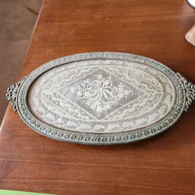 Vintage Vanity Glass Tray with Handmade Lace