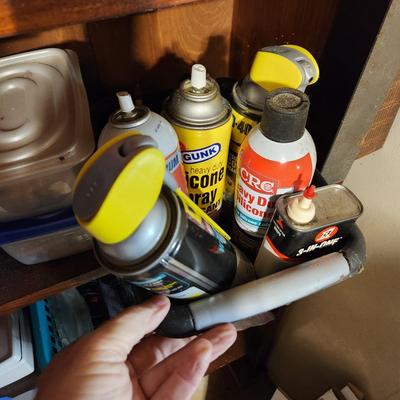 2 Shelves of Garage tools Solder, Multimeters, Oil ,Silicone
