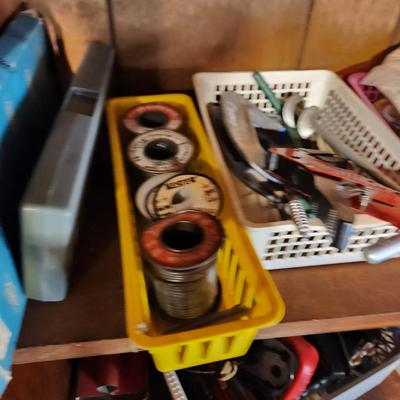 2 Shelves of Garage tools Solder, Multimeters, Oil ,Silicone