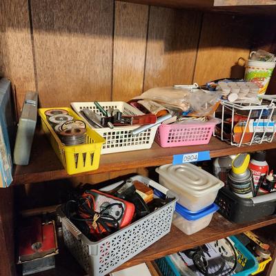 2 Shelves of Garage tools Solder, Multimeters, Oil ,Silicone