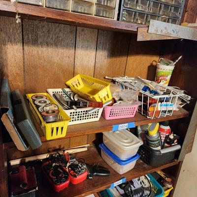 2 Shelves of Garage tools Solder, Multimeters, Oil ,Silicone