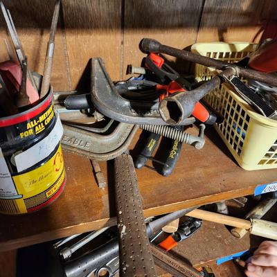 3 Shelves of tools Clamps, Hammers, Cords, Files