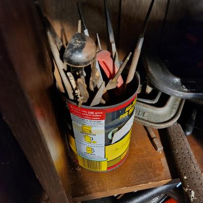 3 Shelves of tools Clamps, Hammers, Cords, Files