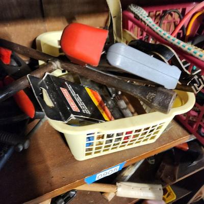 3 Shelves of tools Clamps, Hammers, Cords, Files