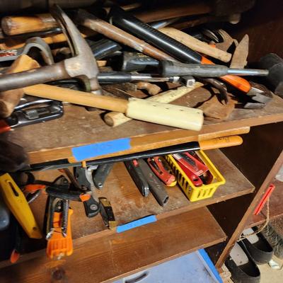 3 Shelves of tools Clamps, Hammers, Cords, Files